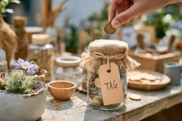 Person placing coin into jar labeled tag on rustic wooden table surrounded by greenery and various decorative items in sunlit interior setting