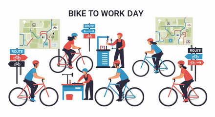People cycling and repairing bikes for Bike to Work Day.