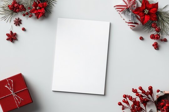 Festive christmas blank card with seasonal red and green decorations and gifts