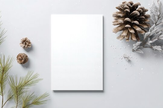 Blank card with pine cones and snowy branches on a light gray background