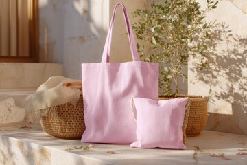 Pink fabric tote bag and cushion on a sunlit stone surface surrounded by natural elements, creating a cozy and aesthetic atmosphere for interior decor inspiration.