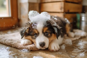 Playful Puppy Relaxing on a Towel Surrounded by Bubbles in a Bright and Inviting Washroom Setting with Natural Light Streaming Through the Window