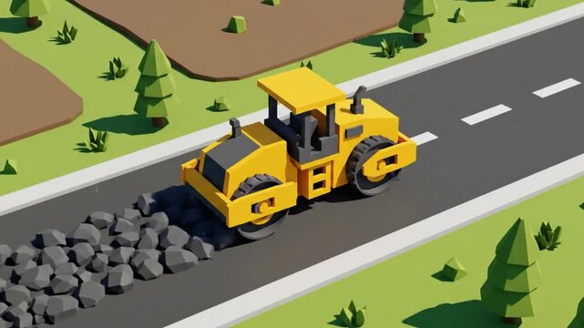 Low Poly Road Roller Paving Road with Gravel