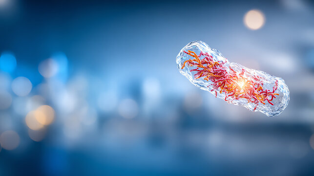 A detailed rendering of a bacterium showcasing its intricate structure and vibrant colors against a blurred background.