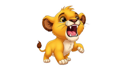 Cartoon lion cub roaring with open mouth and raised paw transparent background