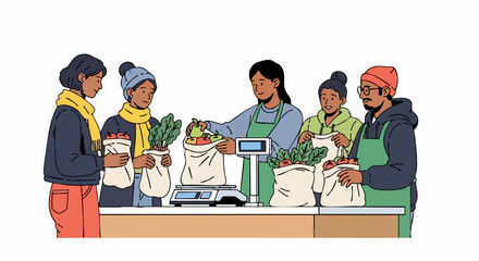 Diverse group of people shopping at a local farmers market stall.