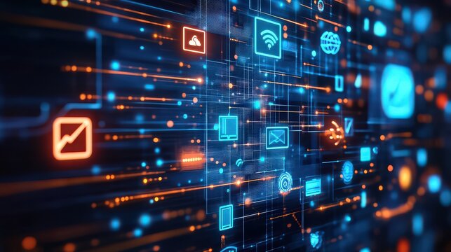 Abstract technology background with glowing lines and icons showing data communication network