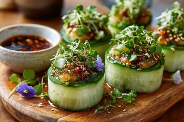 Refreshing Cucumber Rolls with Savory Toppings, Fresh Herbs, and a Rich Dipping Sauce on a Rustic Wooden Platter