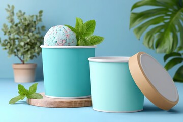 Refreshing Ice Cream Treats in Vibrant Turquoise Containers with Mint Leaves and a Spoon, Perfect for Summer Days, Indulge in a Cool Dessert Experience