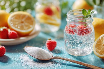 Refreshing Lemonade with Berries and Mint: Bright and Inviting Summer Drink Setup Featuring Fresh Ingredients and Sparkling Water in a Charming Kitchen Scene