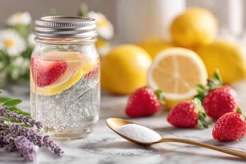Refreshing Sparkling Drink with Fresh Strawberries and Lemons in a Glass Jar Surrounded by Ingredients on a Marble Surface