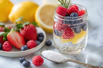 Refreshing Sparkling Water Infused with Fresh Berries, Slices of Lemon, and a Touch of Sugar for a Colorful and Invigorating Summer Beverage Delight