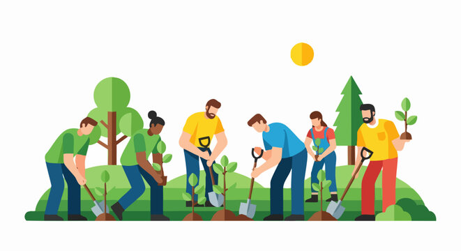 Diverse group of people planting trees together outdoors.