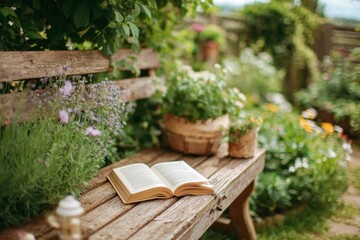Relaxing Garden Setting with Open Book on Wooden Bench Surrounded by Lush Greenery and Colorful Flowers, Ideal for Tranquility and Serenity in Nature