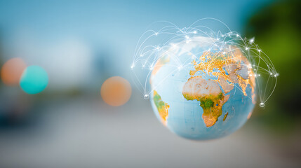 A digital globe representing connectivity and global networks against a blurred background of urban life.