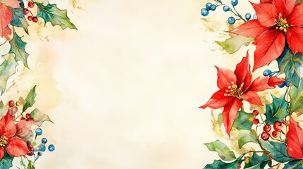 Watercolor christmas background with poinsettias holly berries and a cream colored center area