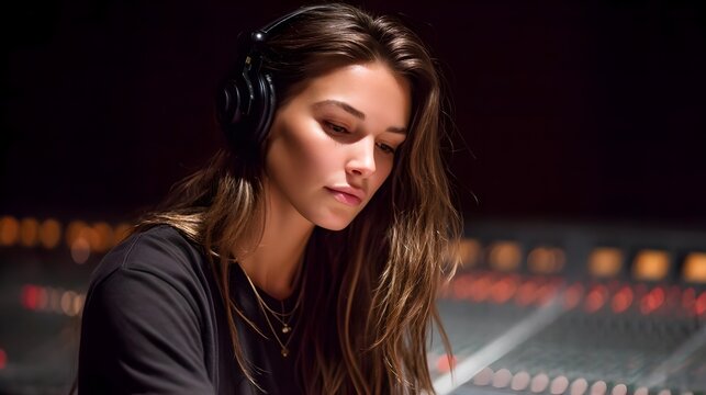 Focused Female Music Producer Working in Recording Studio Setting