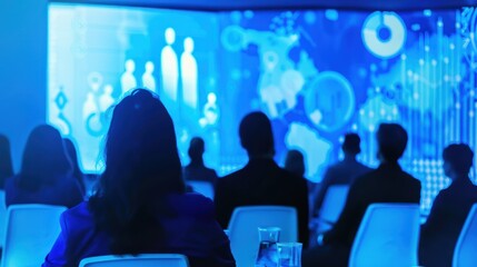 Businesspeople Watching Digital Data Presentation in Conference Room with Blue Lighting