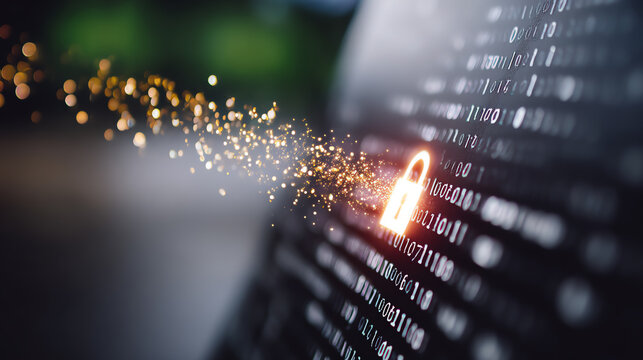 A digital lock symbolizing cybersecurity and data protection, with binary code and sparks creating a secure atmosphere. - Powered by Adobe