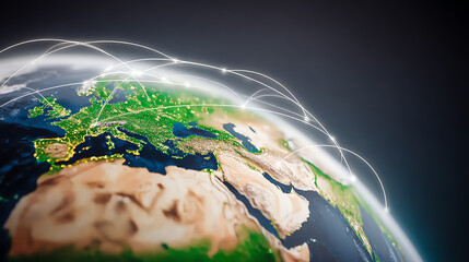 A digital illustration of Earth surrounded by glowing network connections, representing global communication and connectivity.