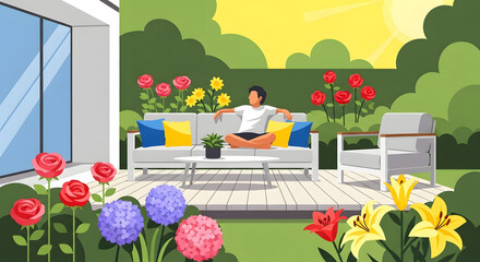 Relaxed person enjoying a serene summer day on a sunlit patio surrounded by vibrant blooming flowers and lush greenery