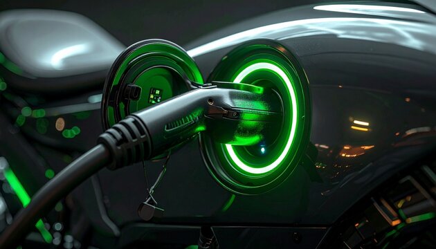Close-up of an electric car being charged, with a glowing green light around the charging port, symbolizing clean energy, sustainability, and future technology. This image represents the modern shifte
