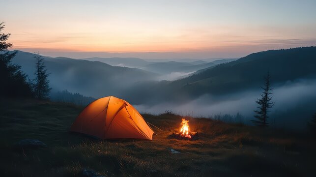 Orange tent and campfire at dusk overlooking misty mountain range with colorful sky in background
