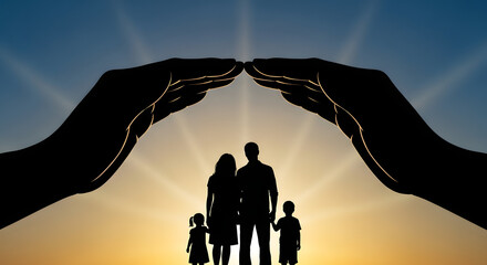 Protecting a Family Under Cupped Hands Silhouette Safety, Security, Love, and Care Symbolizing Protection and Well-being