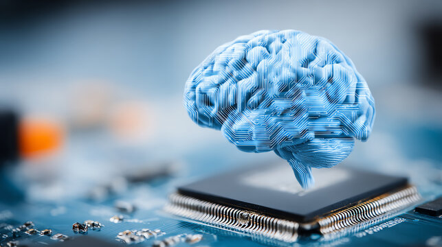 A digital representation of a human brain hovering above a computer chip, showcasing the intersection of neuroscience and technology. - Powered by Adobe