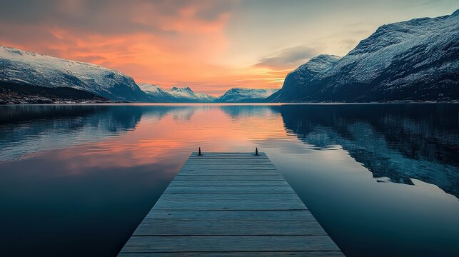 Wooden dock extending into calm lake surrounded by snow capped mountains at sunset or sunrise hour