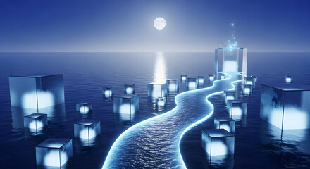 Surreal dreamscape with glowing pathways and translucent cubes stretching across a serene, reflective water surface under a luminous moon