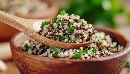 Close-up of cooked quinoa with herbs served in wooden bowls.