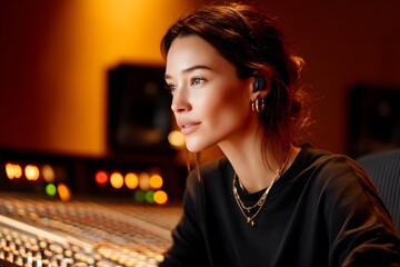 Young Woman in Recording Studio Adjusting Sound Mixing Desk