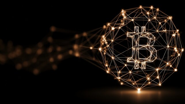 Digital network structure with illuminated Bitcoin symbol in a futuristic design