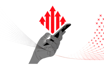 Modern hand holding smartphone with upward arrows, representing growth, success, and digital transformation in business