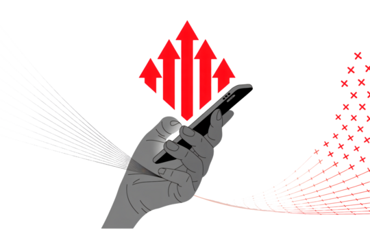 Modern hand holding smartphone with upward arrows, representing growth, success, and digital transformation in business - Powered by Adobe