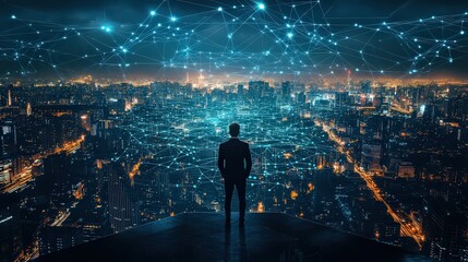 A man in a suit stands overlooking a futuristic city connected by glowing digital networks at night