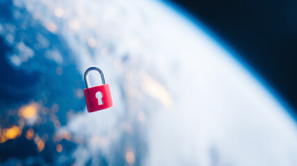 A floating padlock symbolizing security in cyberspace, with Earth in the background, highlighting the importance of digital protection.
