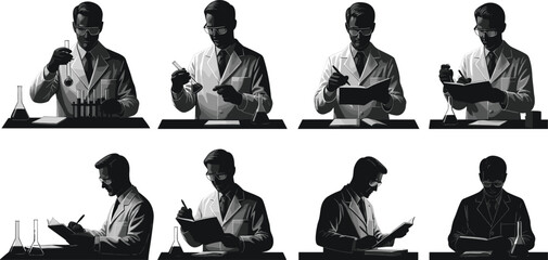 Scientist silhouette, laboratory research illustration, chemical experiment scene, scientific documentation process, lab coat figure, science workflow, medical testing, research activity