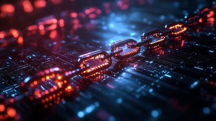 Close up of a metal chain with red and blue lights on a circuit board background in dark theme