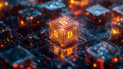 Illuminated bitcoin cube on a circuit board with glowing lights and intricate circuit patterns visible