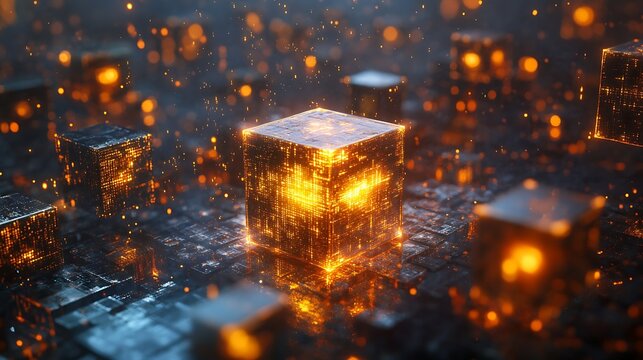 Glowing cubes floating above a dark surface with orange particles scattered around in a digital space