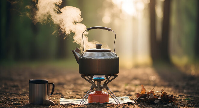 Camping kettle steaming on camping stove in forest during sunset  