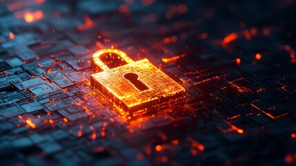 Glowing golden padlock on a dark circuit board representing digital security and data protection