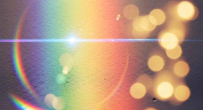 Vibrant rainbow lens flare with bokeh lights on textured backdrop