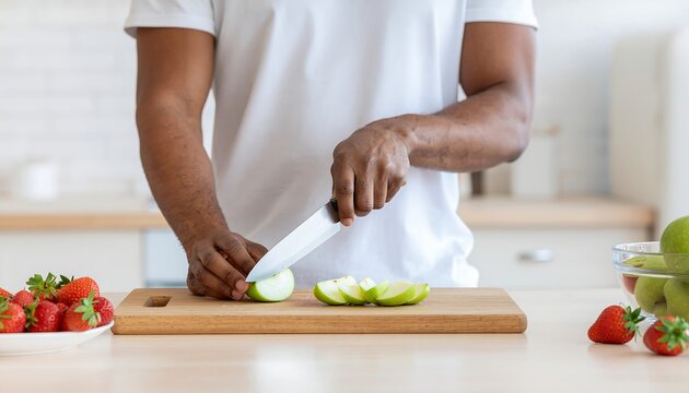 A person is slicing a green apple on a wooden cutting board.