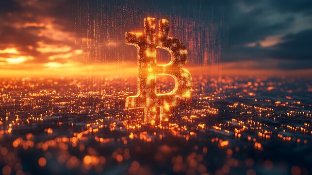 Glowing bitcoin symbol over a cityscape at sunset with digital rain and a cloudy sky above