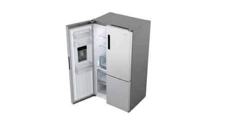 Modern stainless steel refrigerator with open doors on transparent background