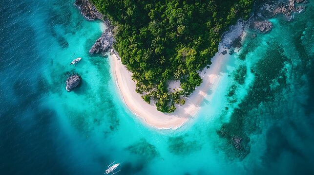 Aerial view of tropical island with white sand beach and turquoise water with boats nearby