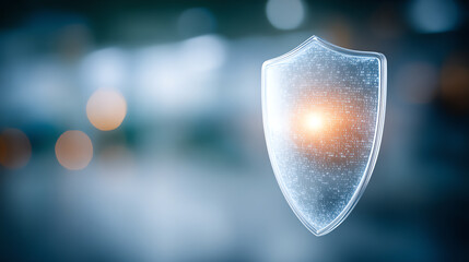 A glowing shield icon representing digital security and protection, symbolizing safety in technology and online environments.